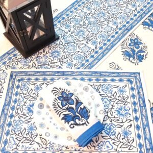 Table Cover Blue  Floral Handblock Printed , 6 Seater, 90″X60″