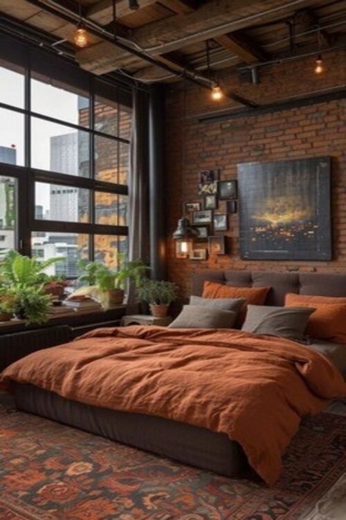 mocha mousse bedroom with large window